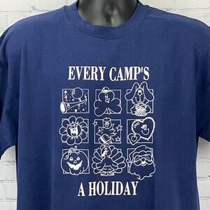 Vintage 80s Every Camps a Holiday T Shirt Seasons Camping Blue Unisex XL X-Large